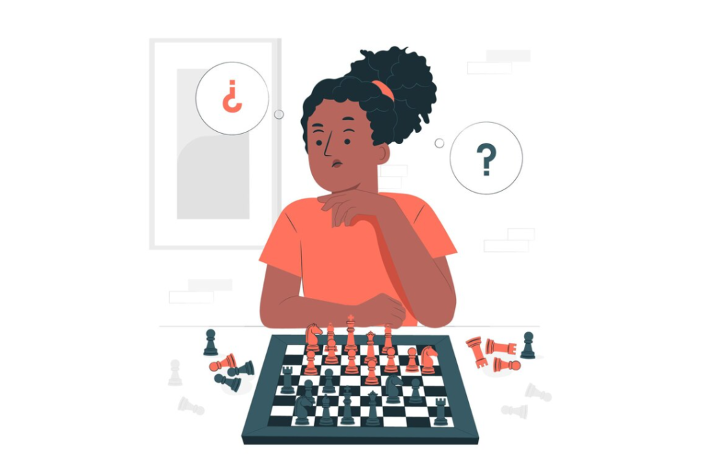 Thoughtful woman with curly hair pondering her next chess move, surrounded by floating icons