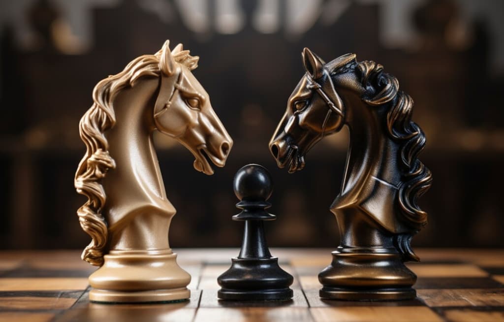 Golden and bronze chess knights face each other with a pawn in between on a wooden board