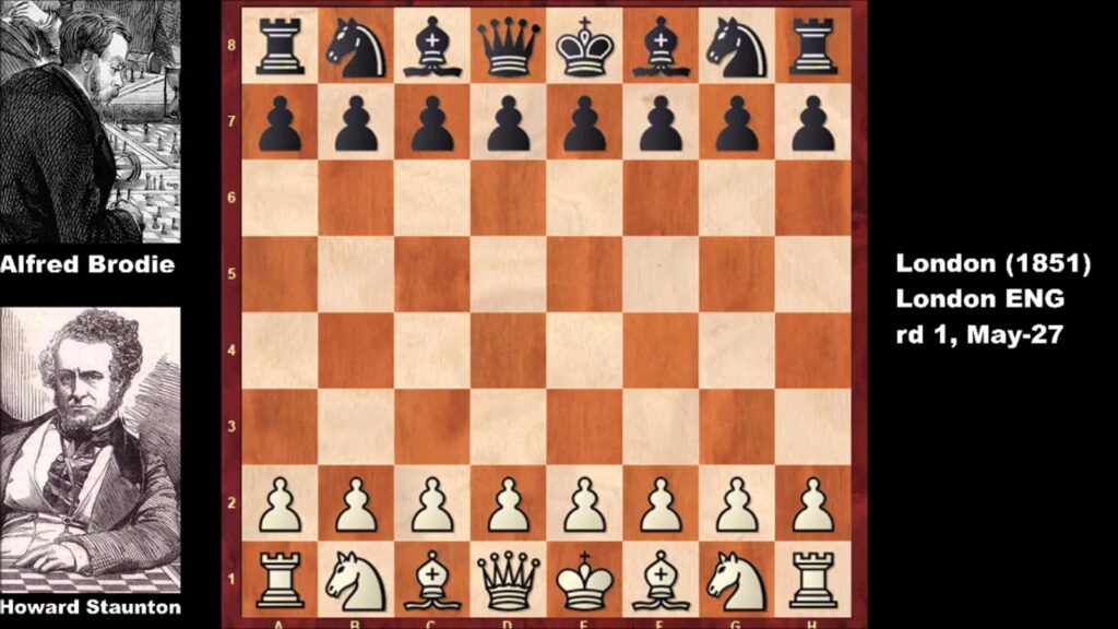 Chess board setup from London 1851 match between Alfred Brodie and Howard Staunton
