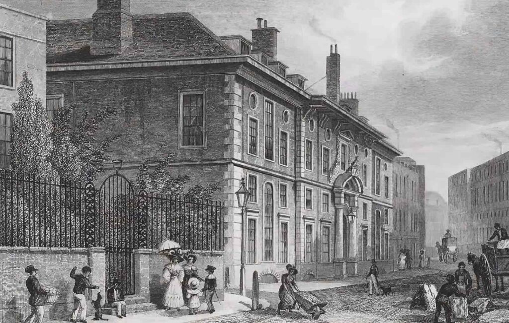 Vintage sketch of a busy street with classic buildings, pedestrians in period attire, and carts